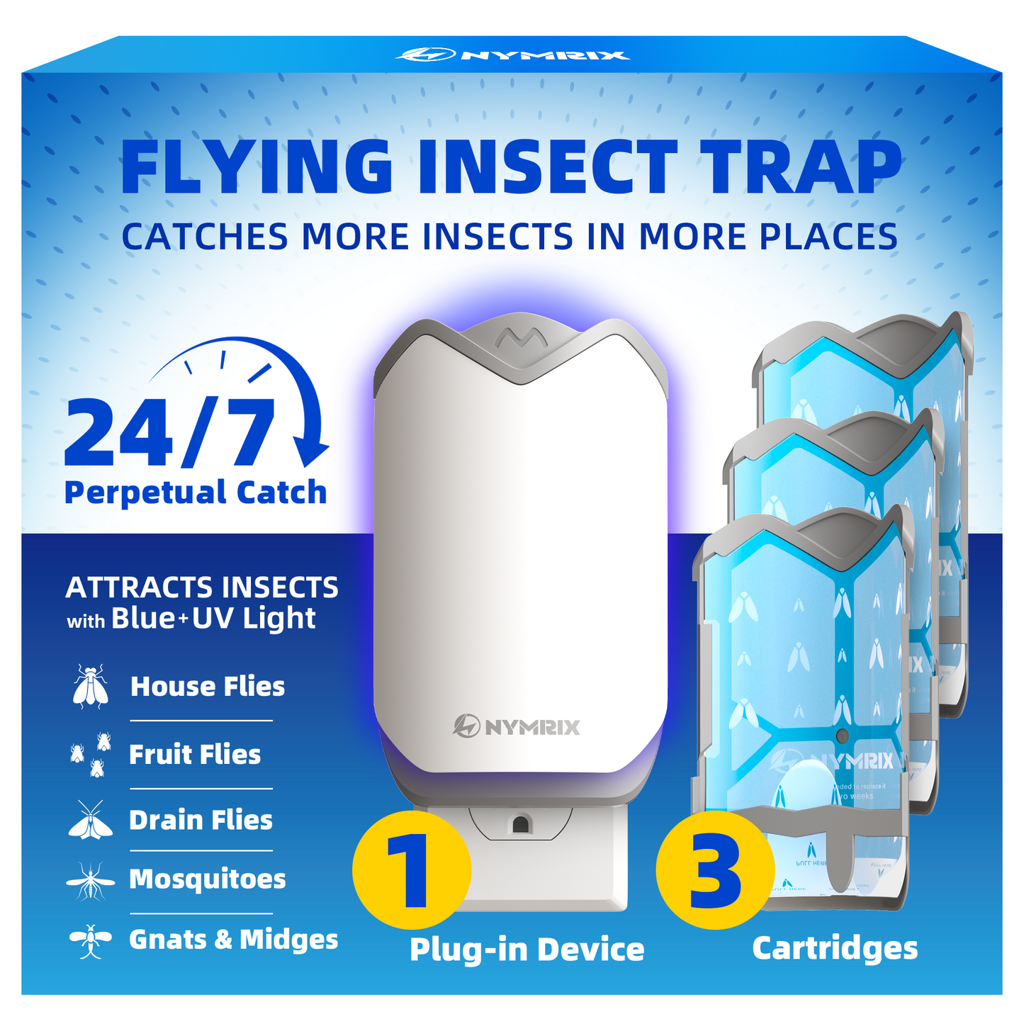 Flying Insect Trap & Refill Cartridges - Plug in Fly Trap & Indoor Bug Catcher for Gnats, House & Fruit Flies - Blue & UV Light